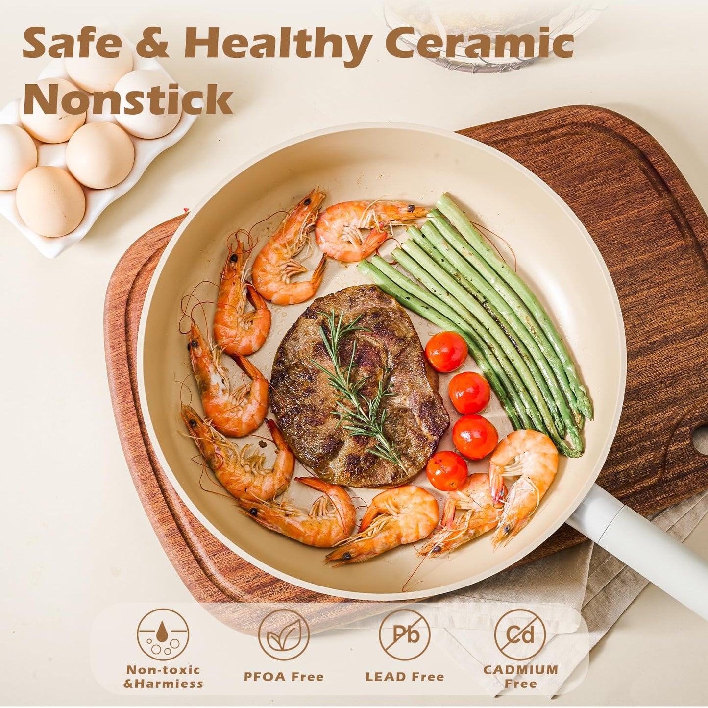 JEETEE Ceramic Cookware Set, 13 Pcs Pots and Pans Set Nonstick with Rotation Removable Handles, Healthy Non-Toxic Cooking Set for All Stoves, Stackable Pots Pans, Oven Safe, PFOA/PFOS Free, Cream