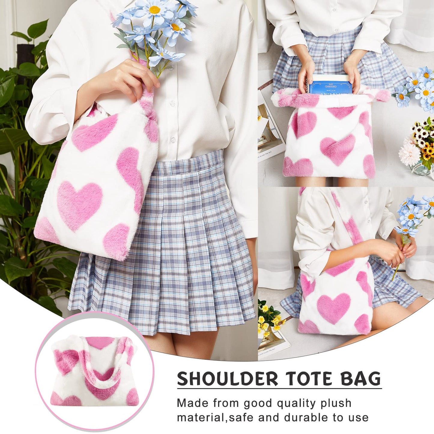 Fluffy Shoulder Tote Bag for Women White Furry Purse Handbag for Spring Easter Gifts(Pink)