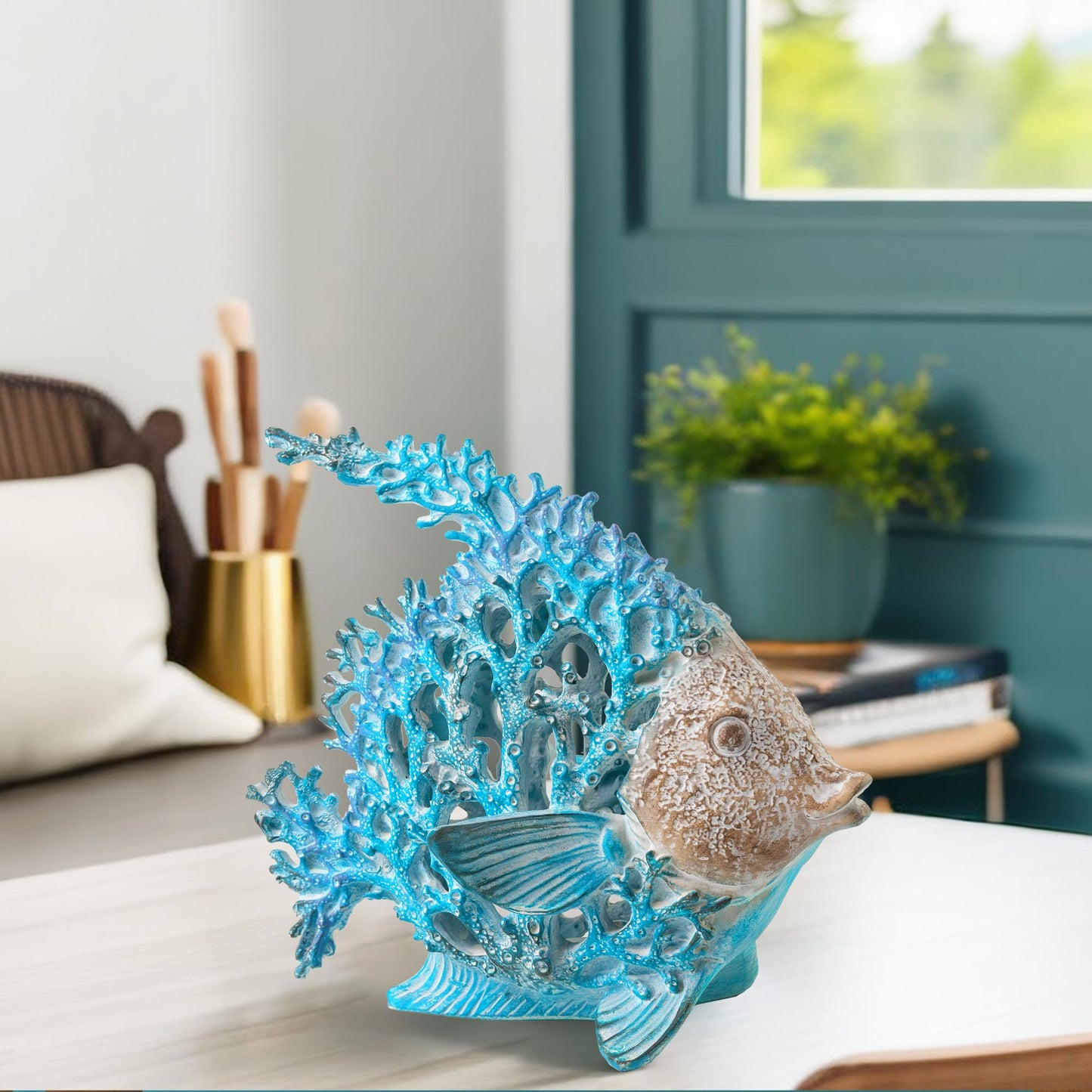 VVGIFTS Beach Coastal Decor Coral Reef Angelfish Home Office Desk Decor Sculpture Statue for Tabletop Shelf Bathroom Decoration Ornament Gift (Turquoise and Blue)