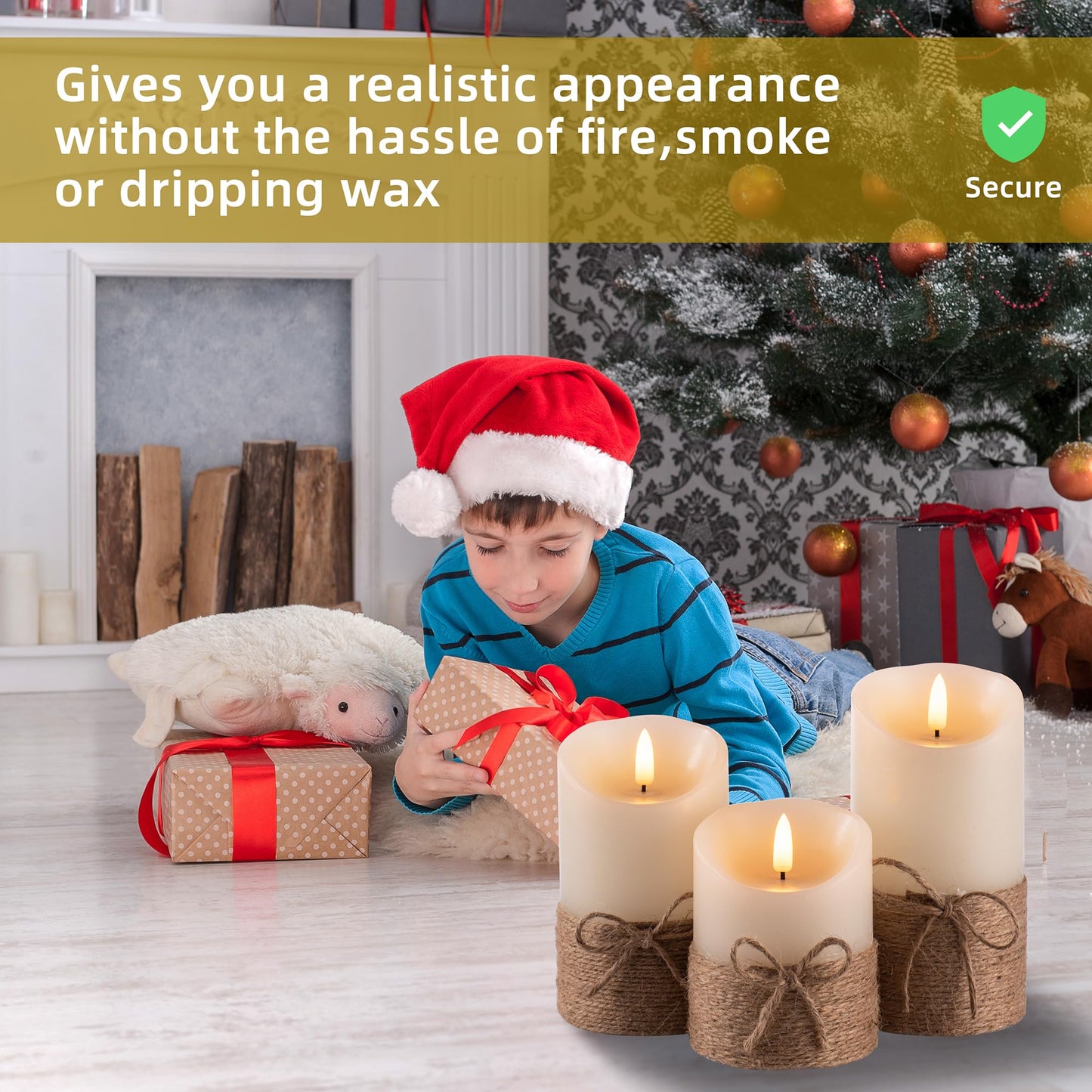 AKU TONPA Flameless Candles Battery Operated Pillar Real Wax Electric LED Candle Gift Set with Remote Control and Timer, 4" 5" 6" Pack of 3 (Ivory Wax with Hemp Rope)