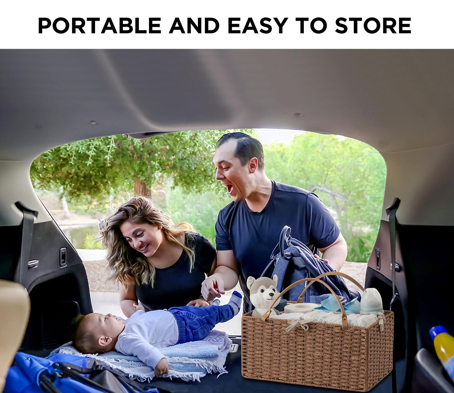 HBlife Large Baby Diaper Caddy Organizer, Paper Rope Storage Baskets Nursery Bin with Removable Divider, Portable Car Organizer for Diapers, Baby Shower Gifts, Newborn Essentials Must Haves