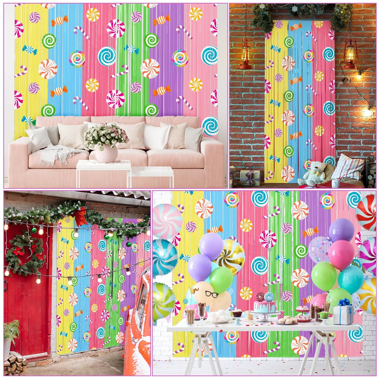 Blosssound 2 Packs Candyland Party Decorations 3.3 x 6.6 ft Candy Foil Fringe Curtain Dark Sweet Candy Tinsel Streamers for Lollipop Candyland Birthday Baby Shower Sweet Shop Party Decoration