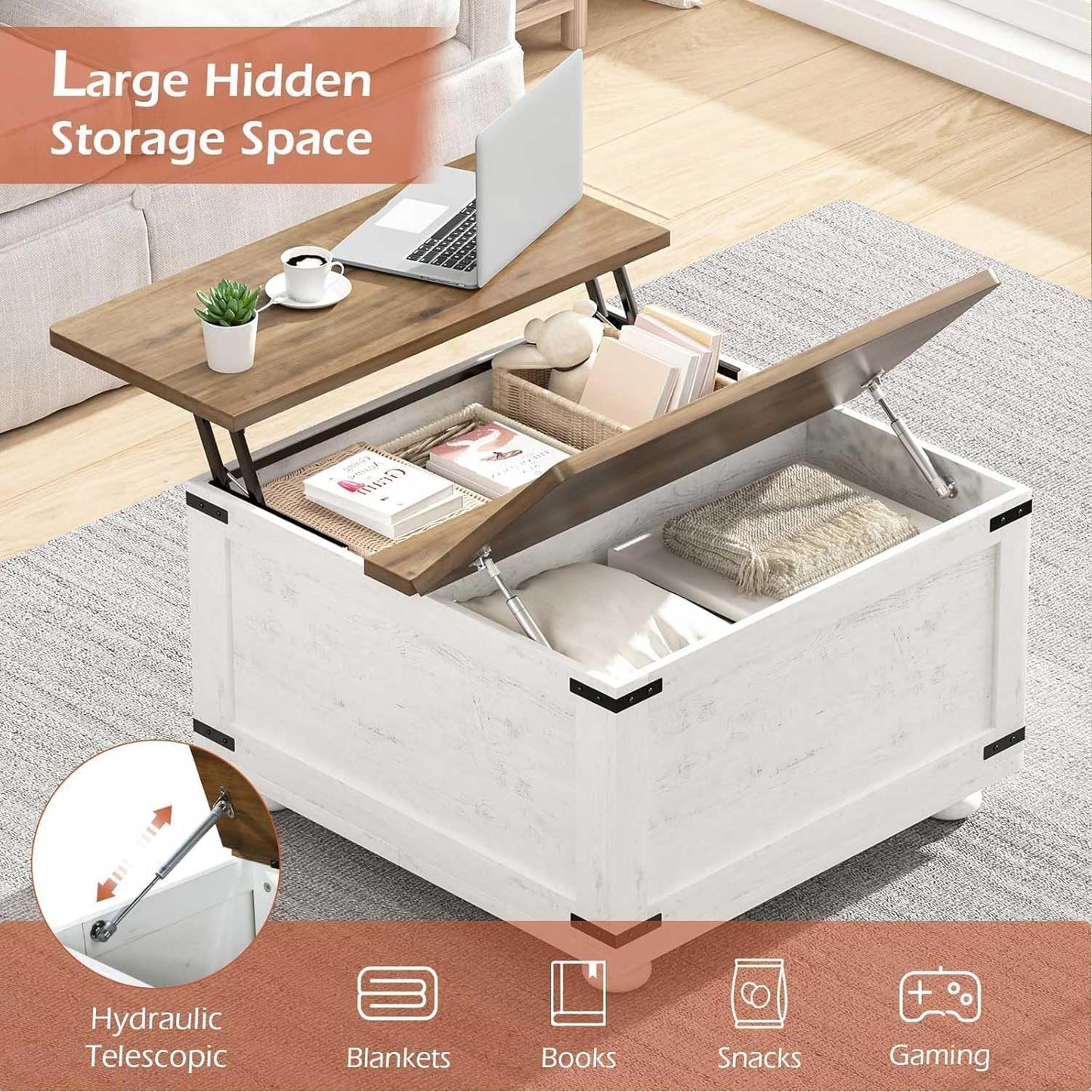 MaverickFurni White Farmhouse Coffee Table with Storage, Square Lift Top Coffee Table with Hydraulic and Wood Gourd Feet for Living Room, White