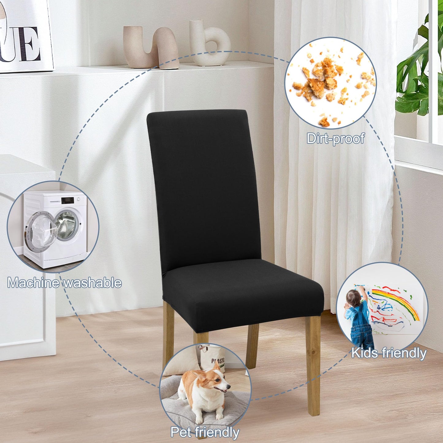 BIETYONE Dining Chair Cover,Dining Room Chair Covers Set of 6,Stretch Kitchen Chair Cover,Washable Dining Chair Cover,Parsons Chair Slipcovers Protective,for Home,Restaurant,Banquet(Black)