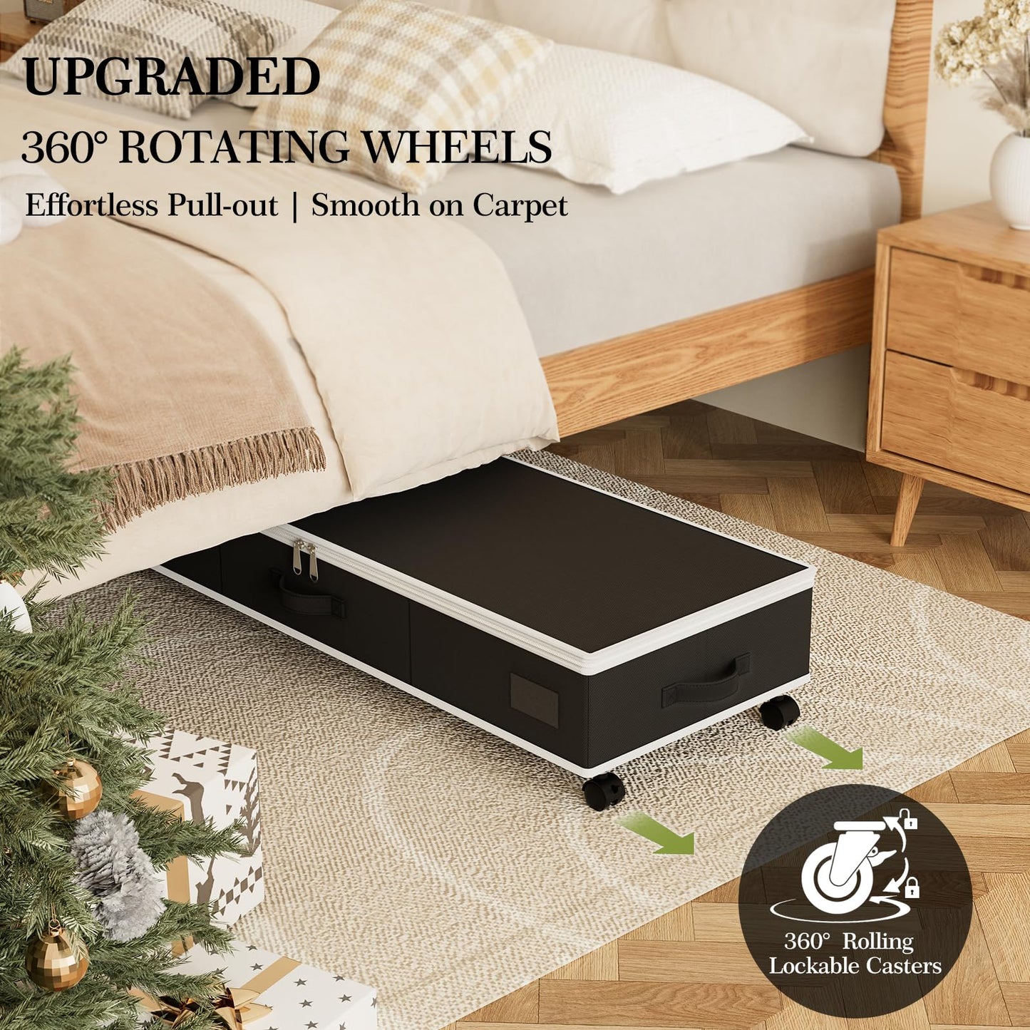 GoMaihe Wrapping Paper Storage with Wheels: Fits 41" Under-bed Gift Wrap Organizer & Container for Christmas Ribbon Accessories | Pockets & Adjustable Dividers | Easy Pull-out | Heavy-duty | Black