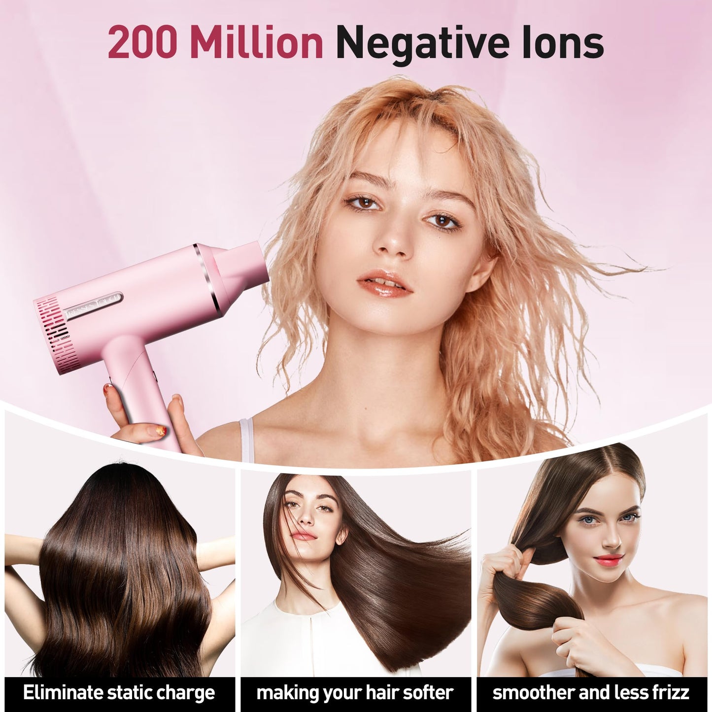 Foldable Hair Dryer, 1600W Professional Ionic Hair Blow Dryer with Nozzle for Women & Men, 3 Temps/3 Speeds, 6.56 Ft Cord, LCD Display, Best for Straight & Wavy Hair, for Home Travel, Pink