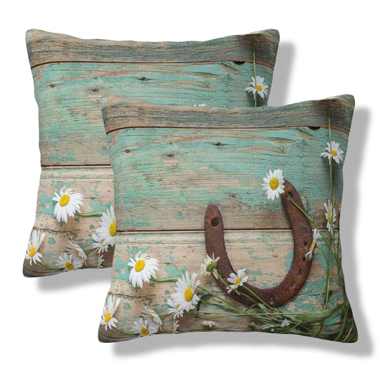 VIREOTHIA Teal Wooden Country Pillow Covers 18x18 Set of 2 Rustic Decorative Throw Pillow Cover Western Horseshoe Daisy Square Pillowcases Cushion Covers for Couch Bed Sofa Decor