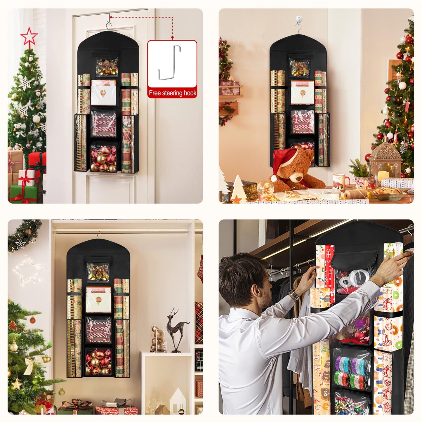 Woodoulogy Hanging Gift Wrapping Paper Storage, 40"X17" Black Double-Sided Christmas Wrapper Bag Container, Oxford Craft Roll Organizer, Present Wrap Holder for Bedroom Closet, Door, Cabinet