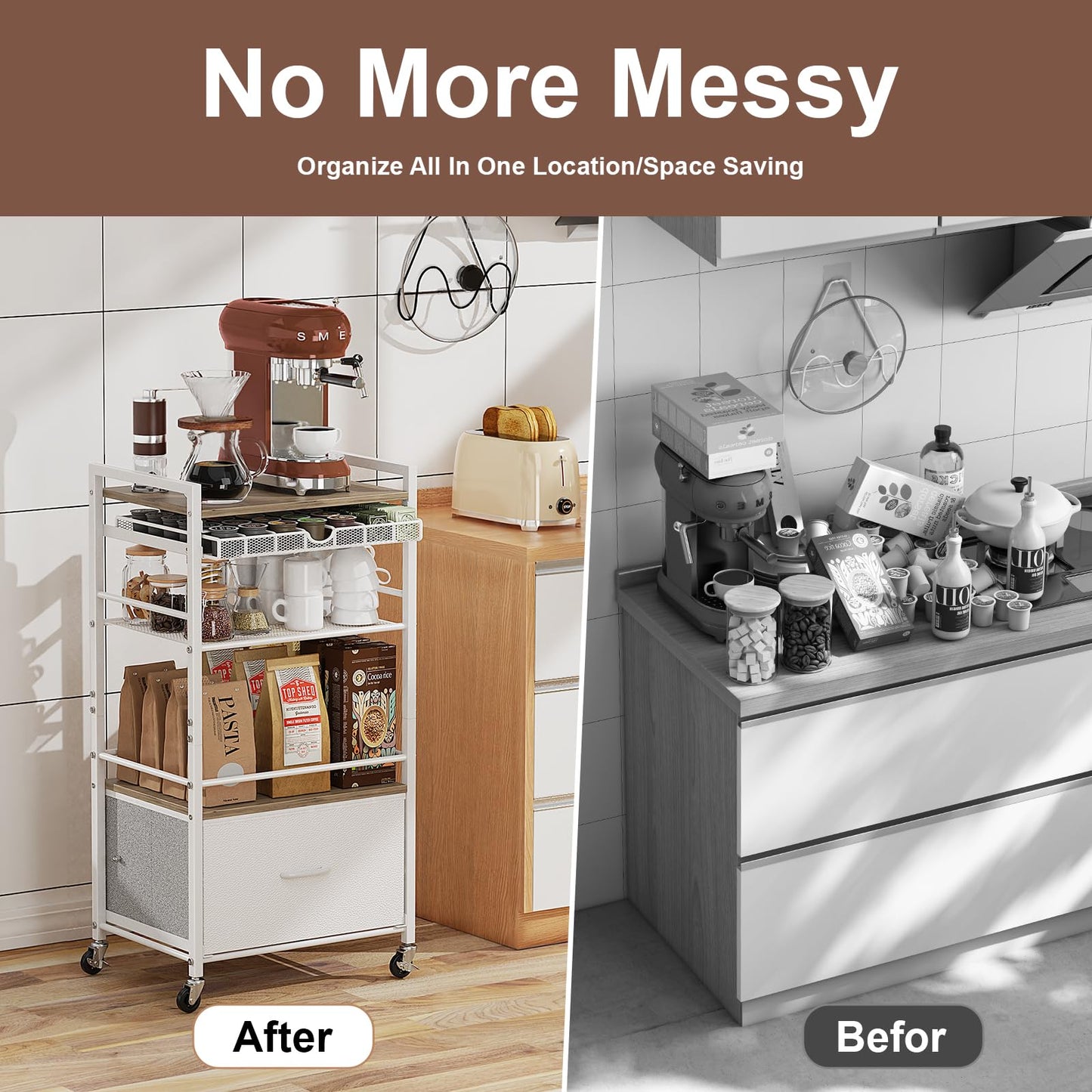 Coffee Bar Cabinet with Storage，5 Tier Coffee Station Table on Wheels, 33.6" H Cart with Drawer for Home Kitchen, Liquor Buffet Sideboard Cabinet (Modern White)