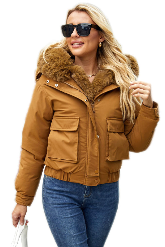 MODERN BUBBLE Women's Thickened Down Jacket with Detachable Fur Hood Winter Warm Parka Puffer Down Coat (US, Alpha, Small, Regular, Regular, Coffee)