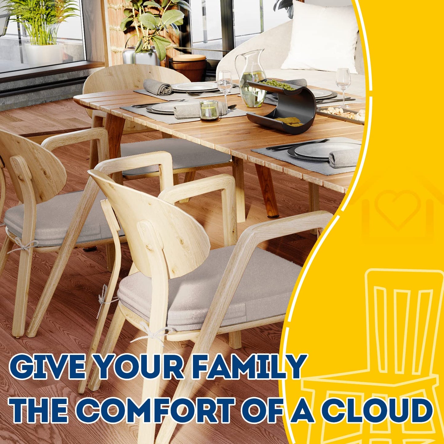 AAAAAcessories D-Shaped Chair Cushions, 2" Thick Dining Chair Pads with Ties and Removable, Machine-Washable Cover, 17" x 16", Set of 4, Beige