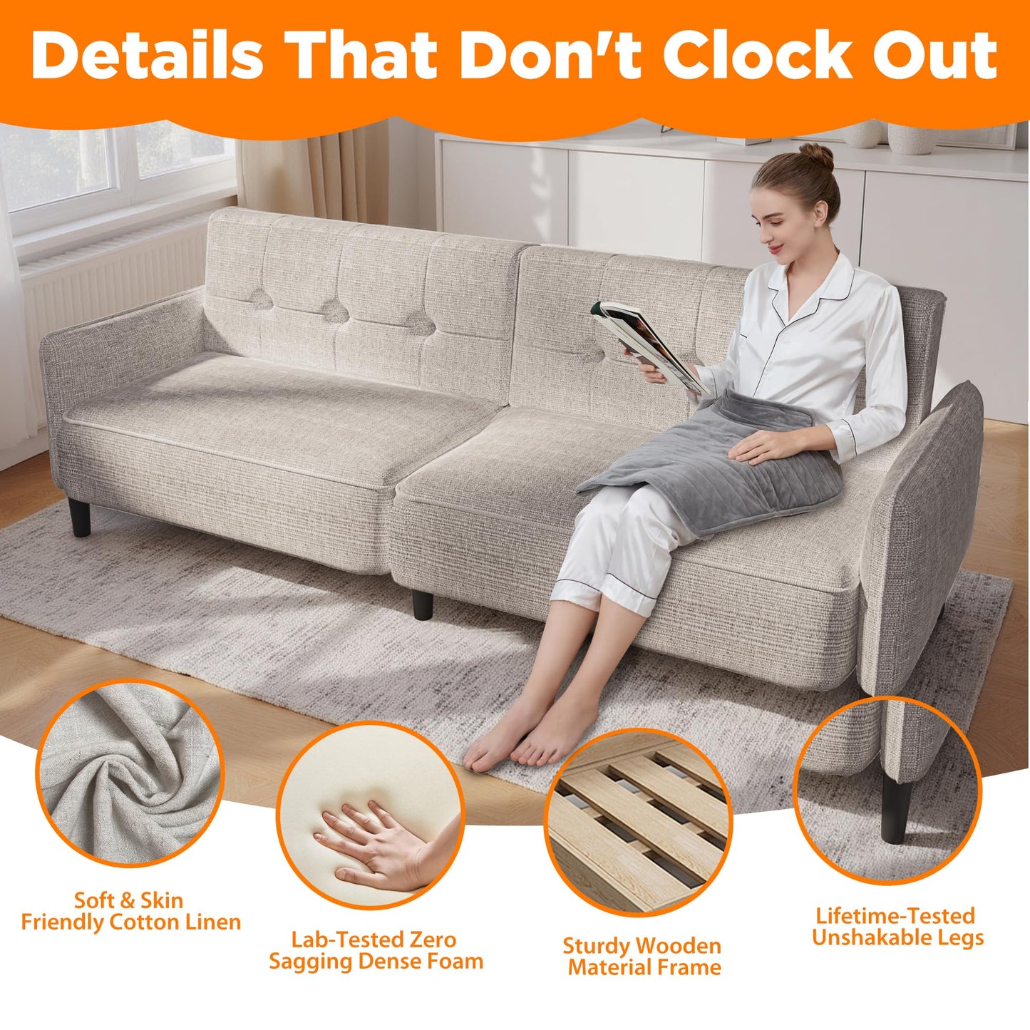 EROMMY 87.8" Futon Sofa Bed, Convertible Futon Couch with Adjustable Backrest & Armrest, Couch Bed with Solid Wood Frame for Small Spaces, Sofa Bed for Small Living Room