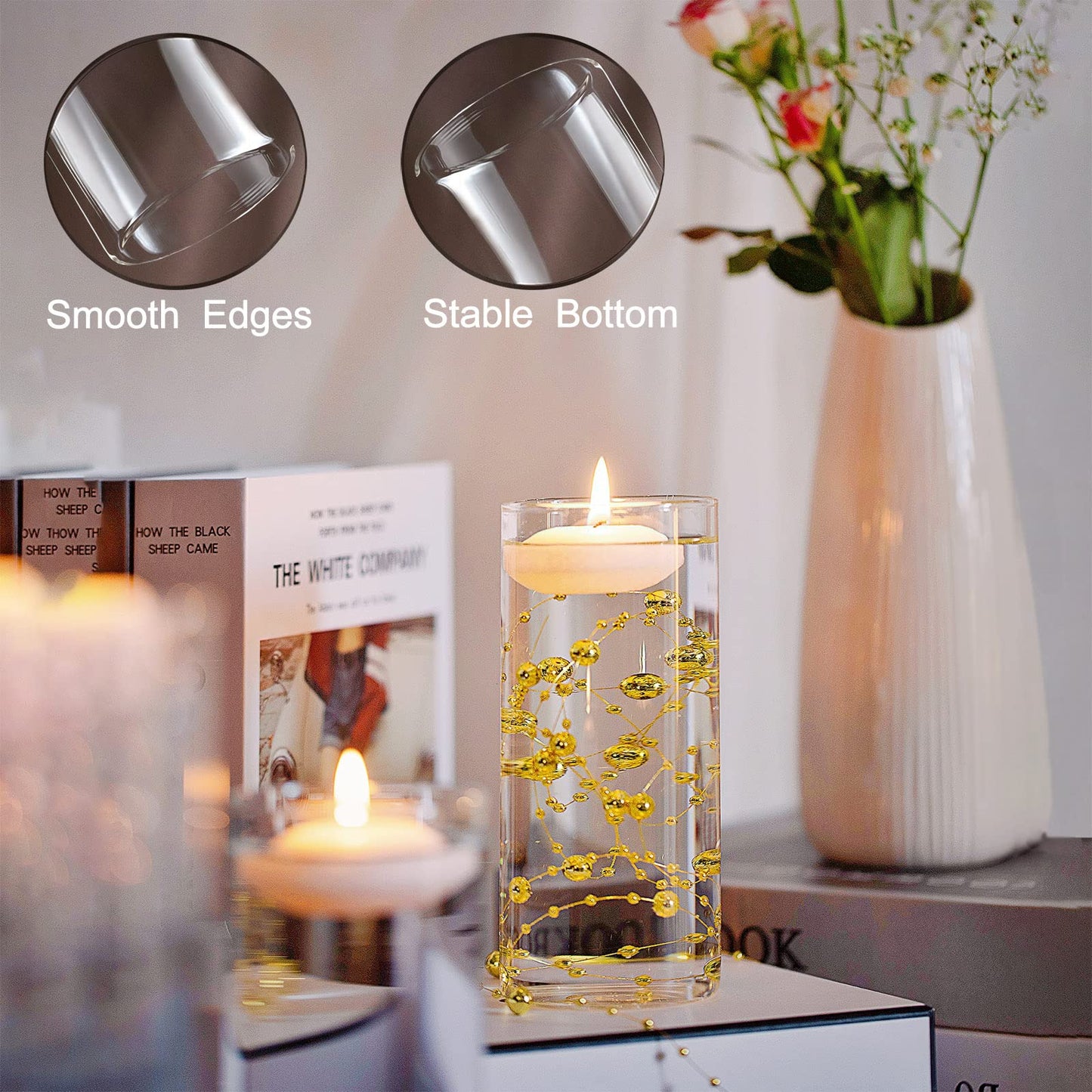 UDU 12 Set Glass Cylinder Vases for Centerpieces with 80000 Vase Filler 24 White Floating Candles 6 Pearl String for Wedding Party Home Table Decoration