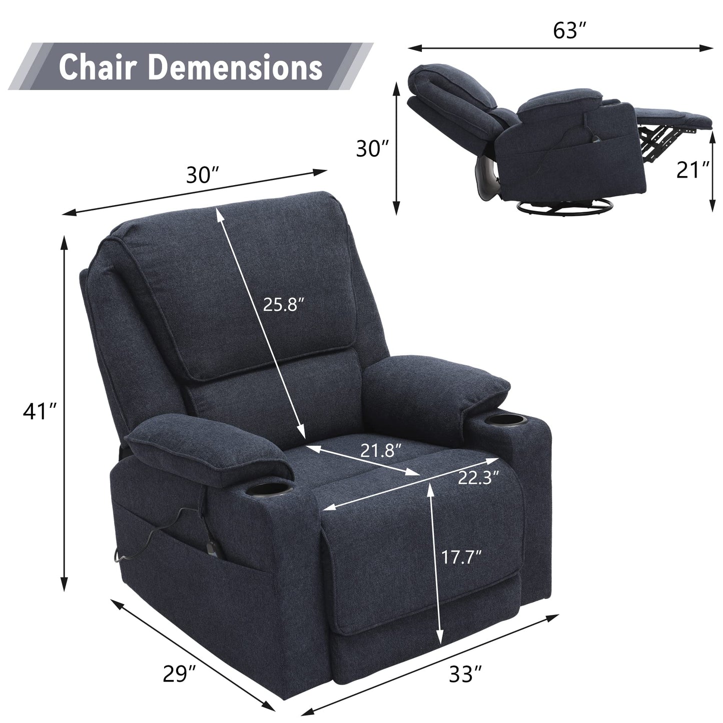 LOUVIXA Swivel Glider Recliner Chair for Adults,Manual Recliner with Massage and Heat, Linen Cotton Fabric Ergonomic Lounge Chair with Cup Holder for Living Room, Bedroom, Nursery (Navy Blue)