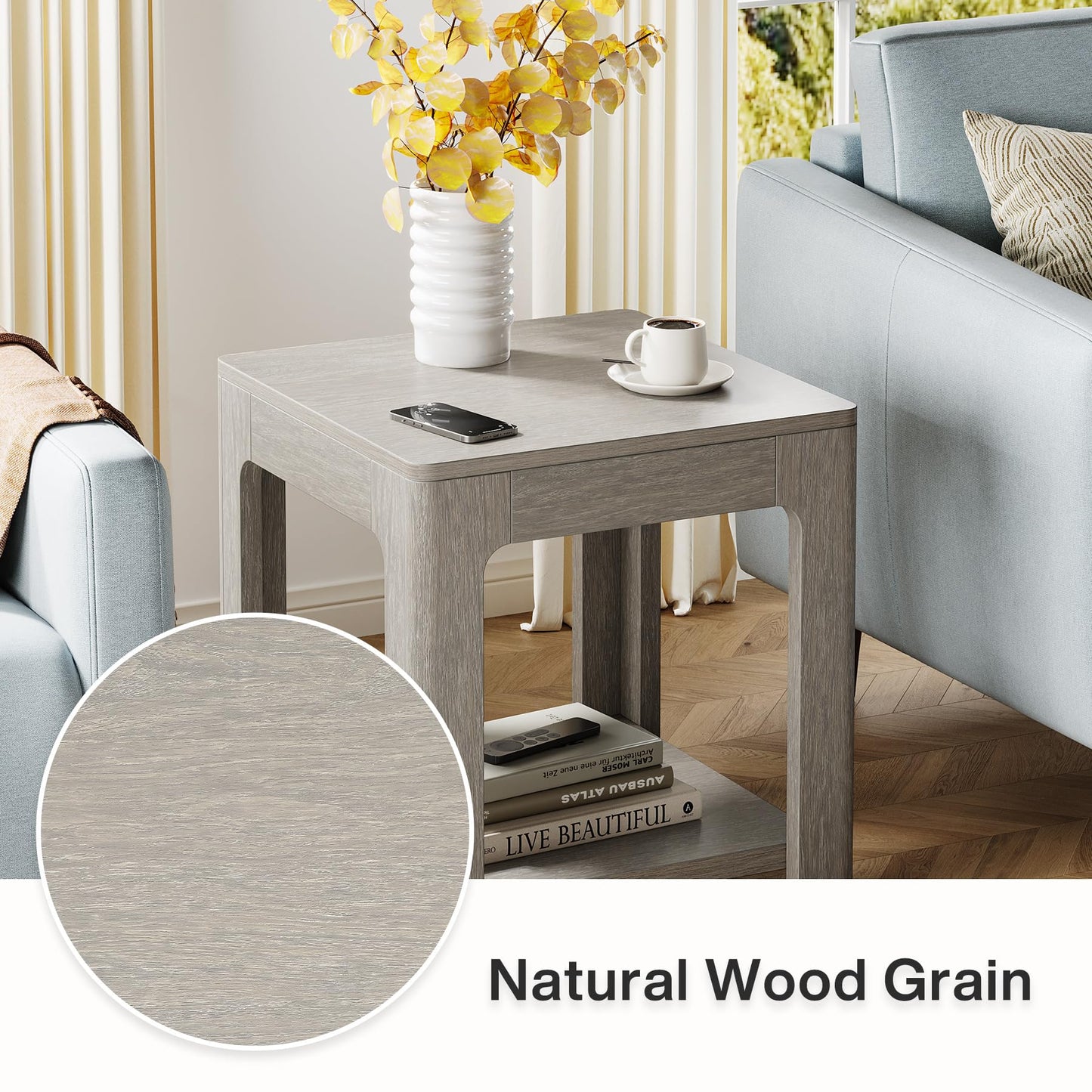 Tribesigns 2-Tier Square End Table, Farmhouse Wooden Side Table with Storage Shelf, Rustic Nightstand for Small Spaces, Living Room(1)