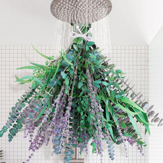 65 Pcs Mix Dried Eucalyptus Stems & Lavender Bundle for Shower, 17" Natural Real Preserved Eucalyptus Leaves Greenery, Lavender for Hanging Shower Plants, Flower Arrangements, Vase Decor
