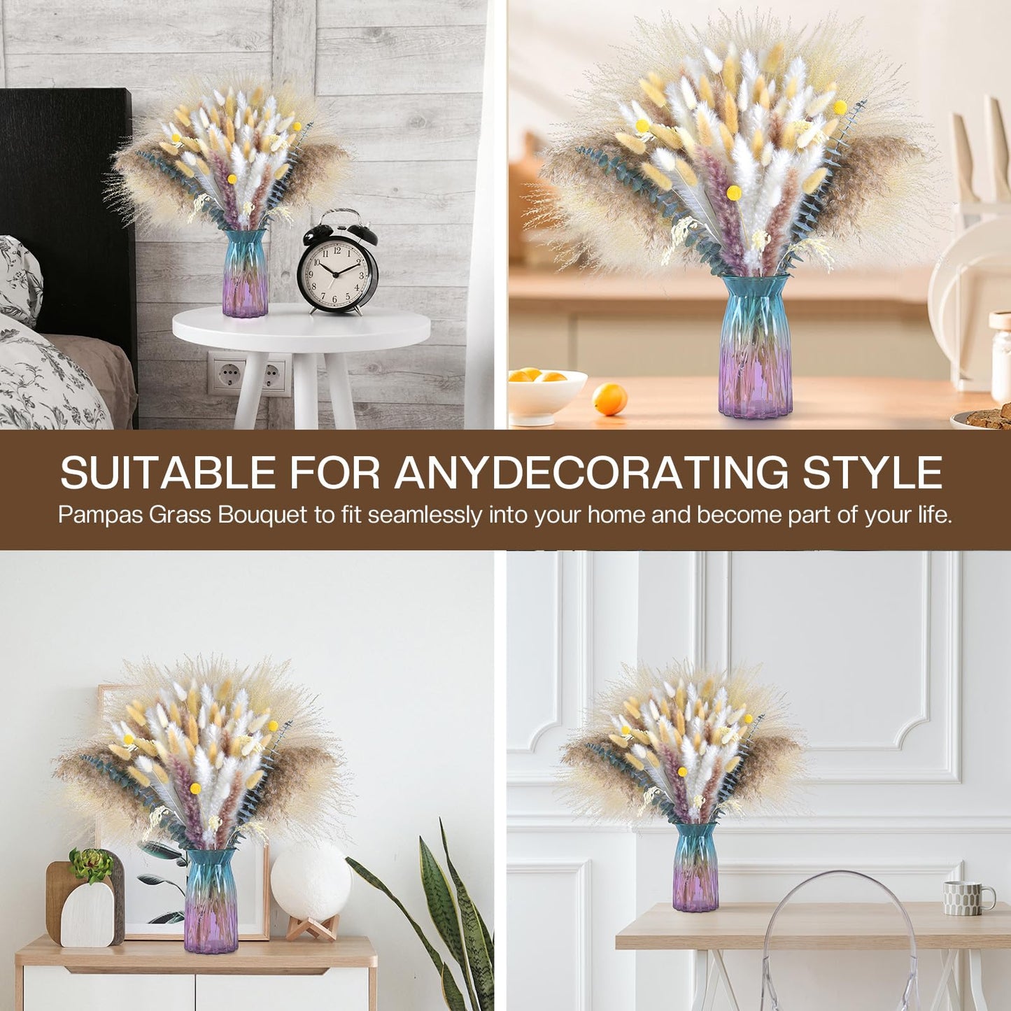 102pcs Dried Pampas Grass Flower Bouquet Decor-White Pompas Grass,Bunny Tails,Reed Grass Bouquet-Eucalyptus-Golden Ball for Boho Home Table Decor,Wedding Boho Flowers&Vase Fillers