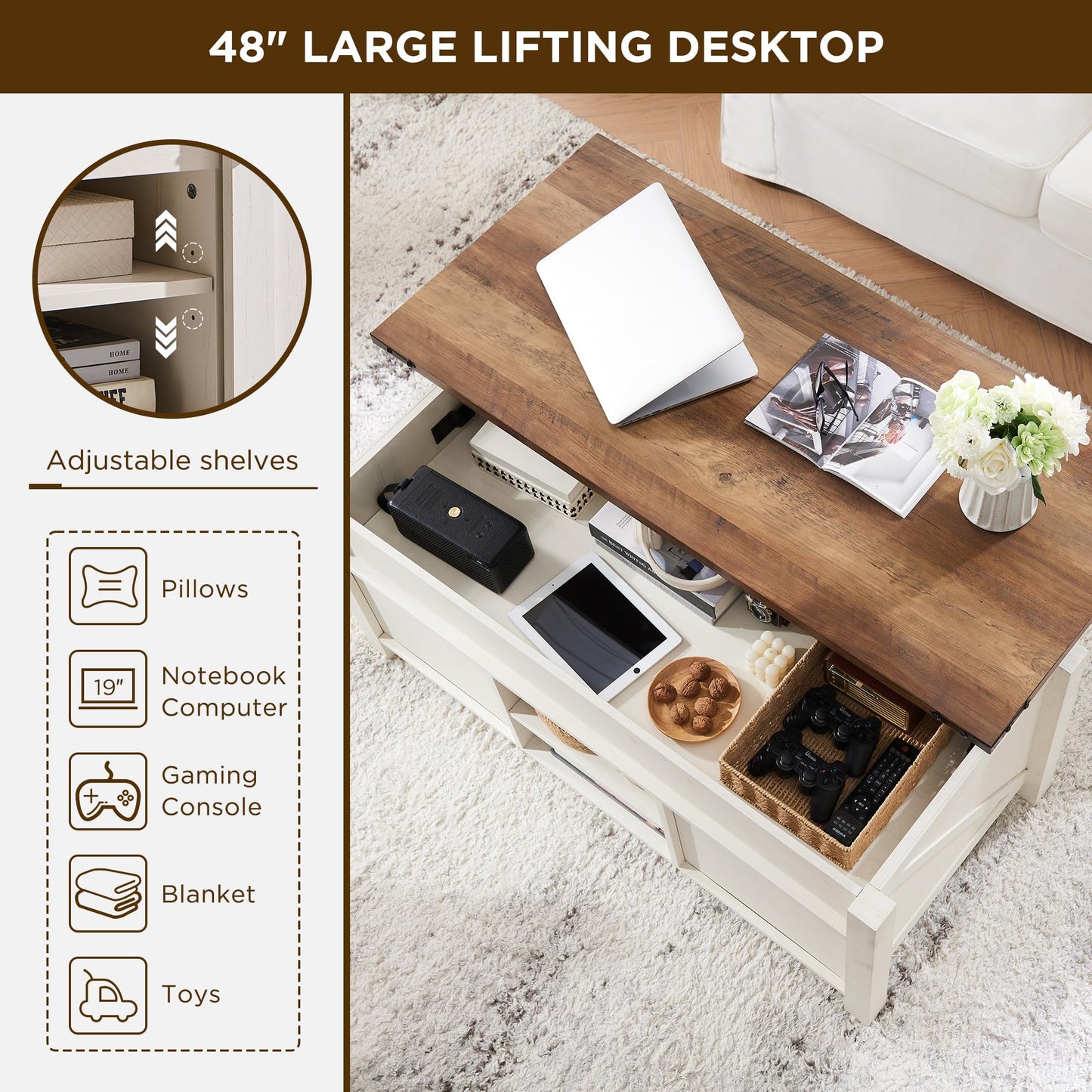 OKD Farmhouse Lift Top Coffee Table with Sliding Door, 48" Large Rustic Center Table with Hidden Storage Compartment, Lifting Tabletop, Adjustable Shelf for Living Room, Office,Antique White