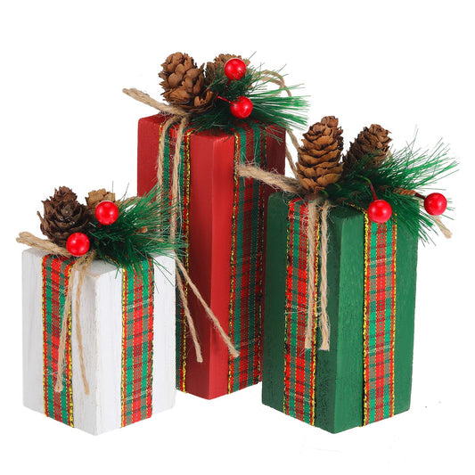 Glenmal 3 Pcs Christmas Table Centerpieces Christmas Table Decor Faux Present Wooden Blocks with Buffalo Plaid Bowknot Rustic Decoration for Holiday Xmas Tree Tiered Tray(White, Green and Red)