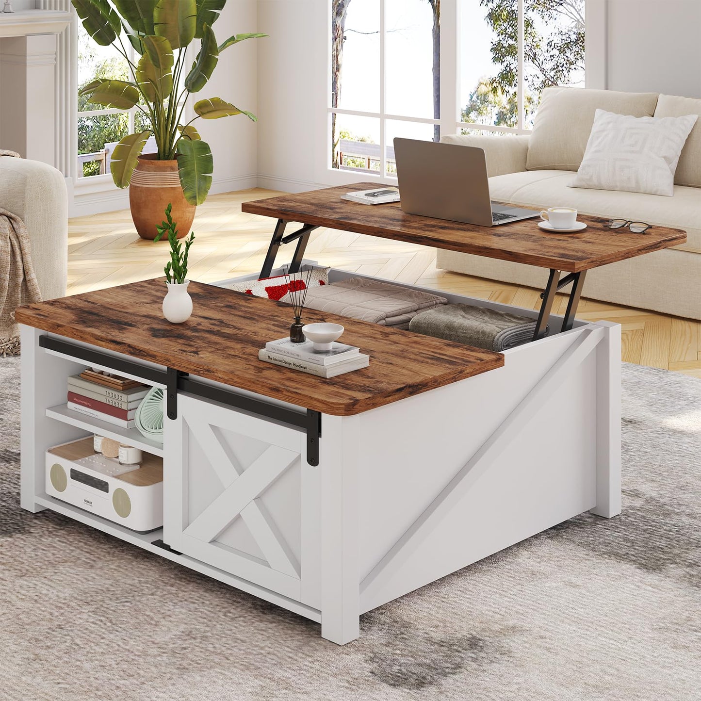 SEDETA 31.5" Lift Top Coffee Table with Storage, Square Coffee Tables for Living Room, Farmhouse Coffee Table with Large Hidden Storage Compartment and Adjustable Shelves, White