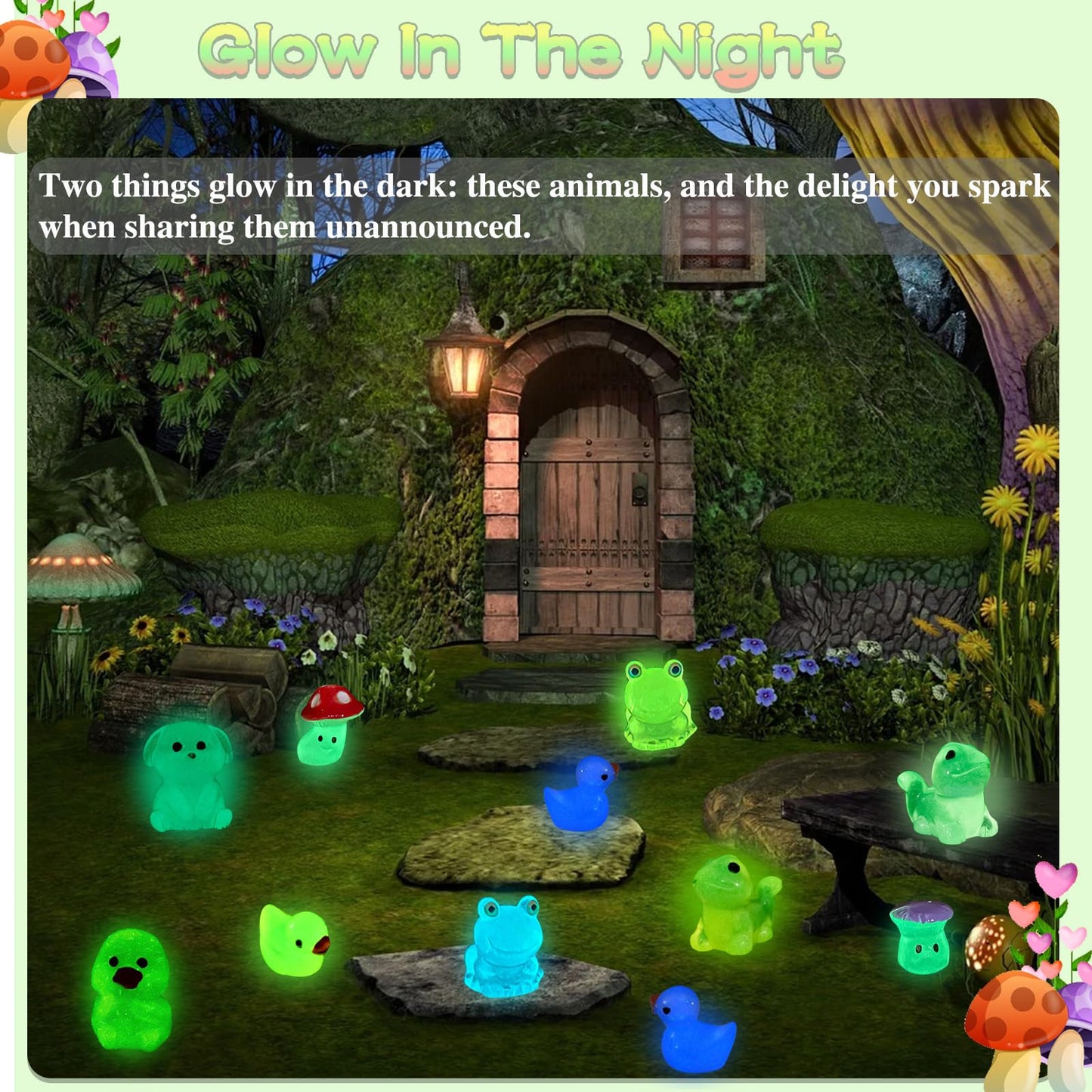LOIKMIUP 100PCS Luminous Mini Animals Glow in The Dark, Tiny Animals Figures Resin Duck Frogs Mushroom 5 Combination Set for Prank Garden Micro Landscape Dollhouse Decor Craft
