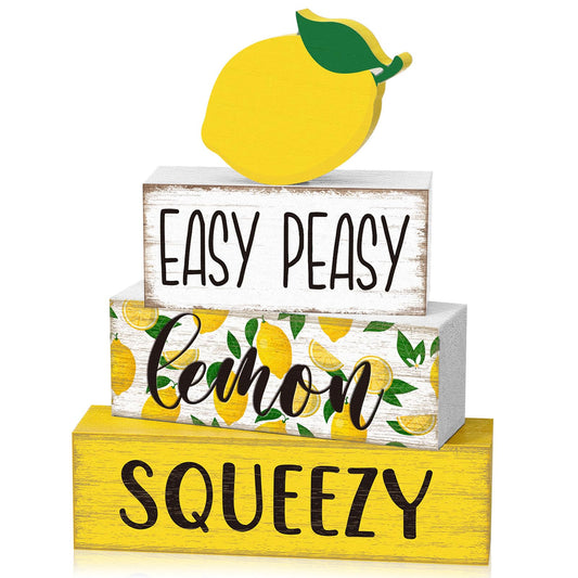 Yousoontic 4 Pcs Summer Lemon Table Decor Easy Peasy Lemon Squeezy Wooden Block Signs Farmhouse Tiered Tray Decor Rustic Table Centerpieces Summer Decorations for Home Desk Shelf Mantle Office