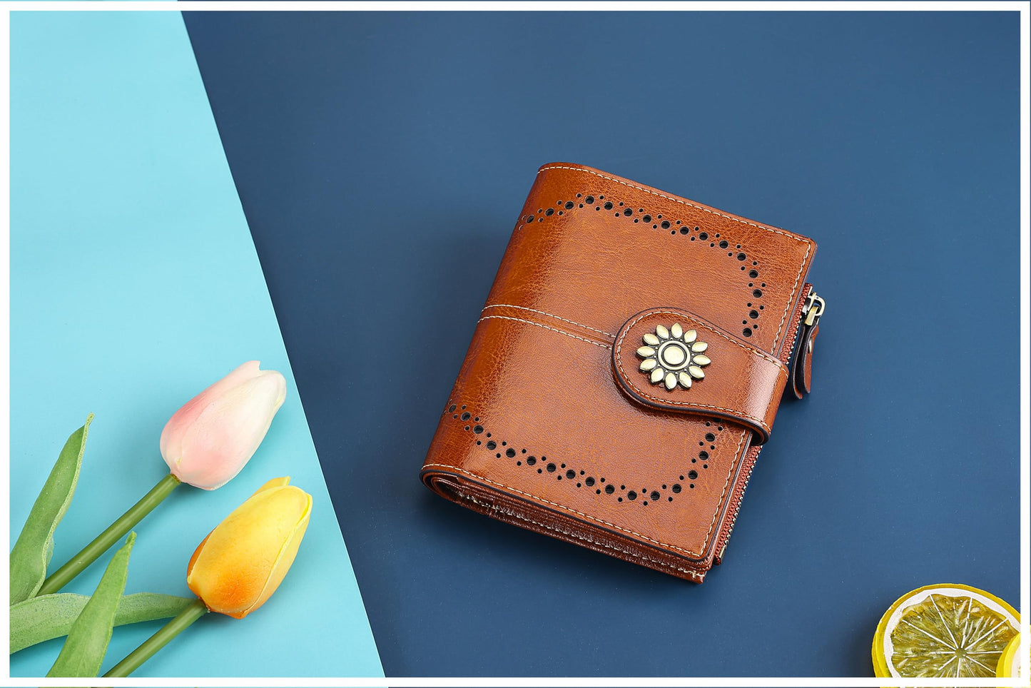 Lavemi Womens Leather Wallet Small Compact RFID Blocking Credit Card Case Purse with Zipper Pocket(Brown)