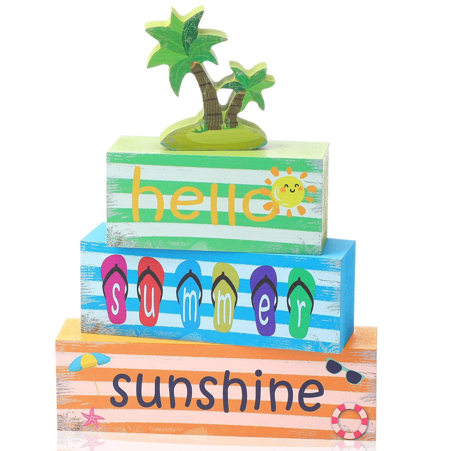 Hello Summer Wooden Tiered Tray Decor - Rustic Farmhouse Table Centerpiece & Shelf Decor for Home Office Indoor, Summer Tabletop Sign Blocks with Books Stack Design,Kitchen Decorations(Set of 4)