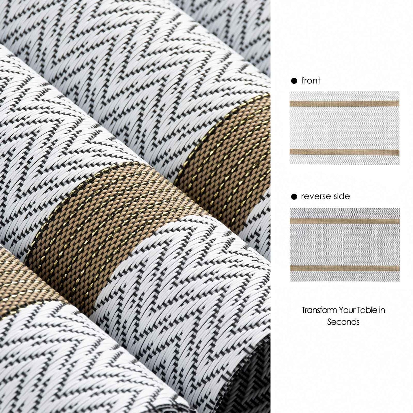 AHHFSMEI Placemats for Dining Table Set of 8 Woven Vinyl Plastic Place Mats Non-Slip Heat Insulation Stain Resistant Table Mats Washable Easy Clean Placemats (White Wave Stripe 8)