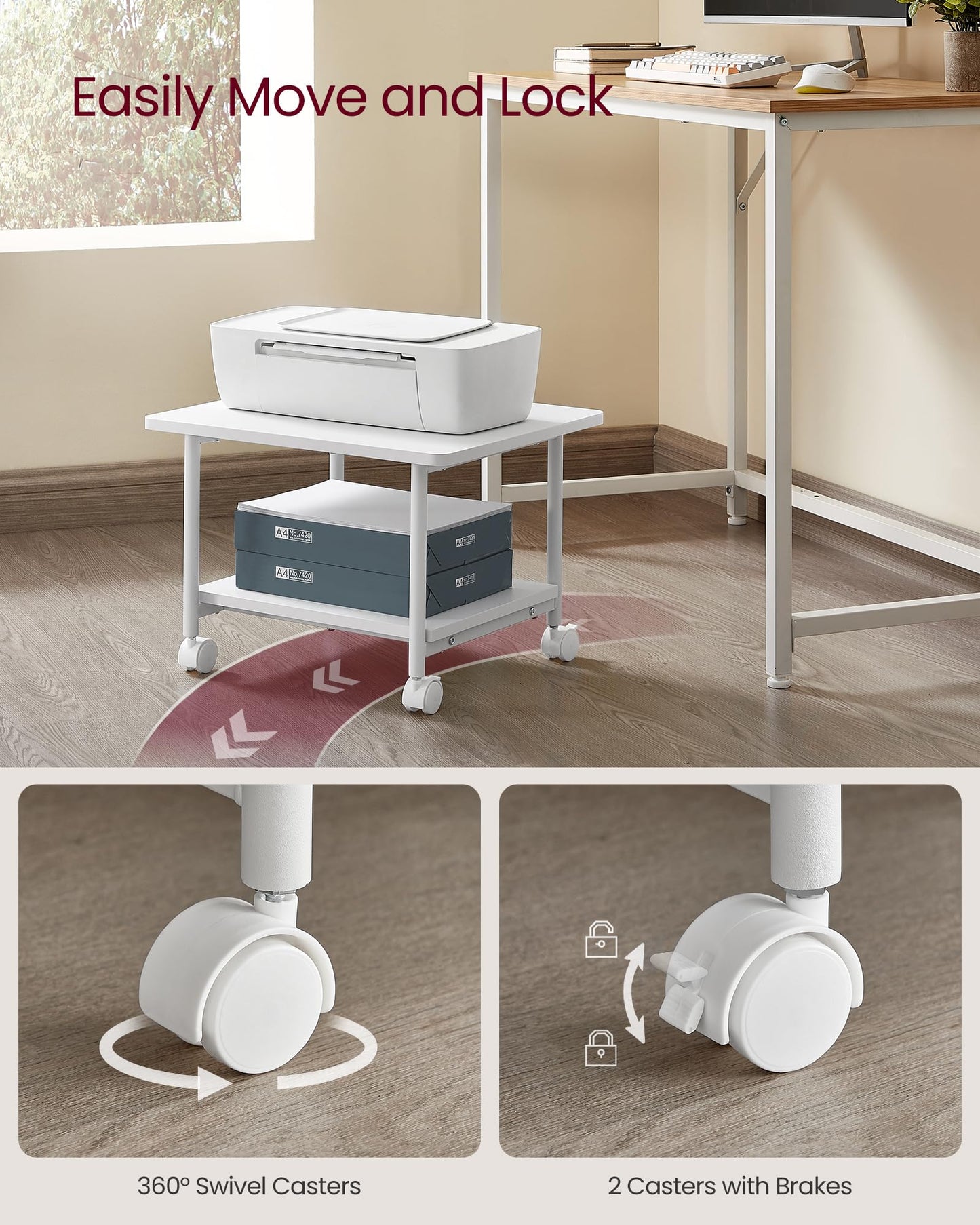 VASAGLE Printer Stand with Locking Wheels, 2-Tier Shelf, Industrial Under Desk Heavy-Duty Mobile Cart for Home Office, White UOPS002W01