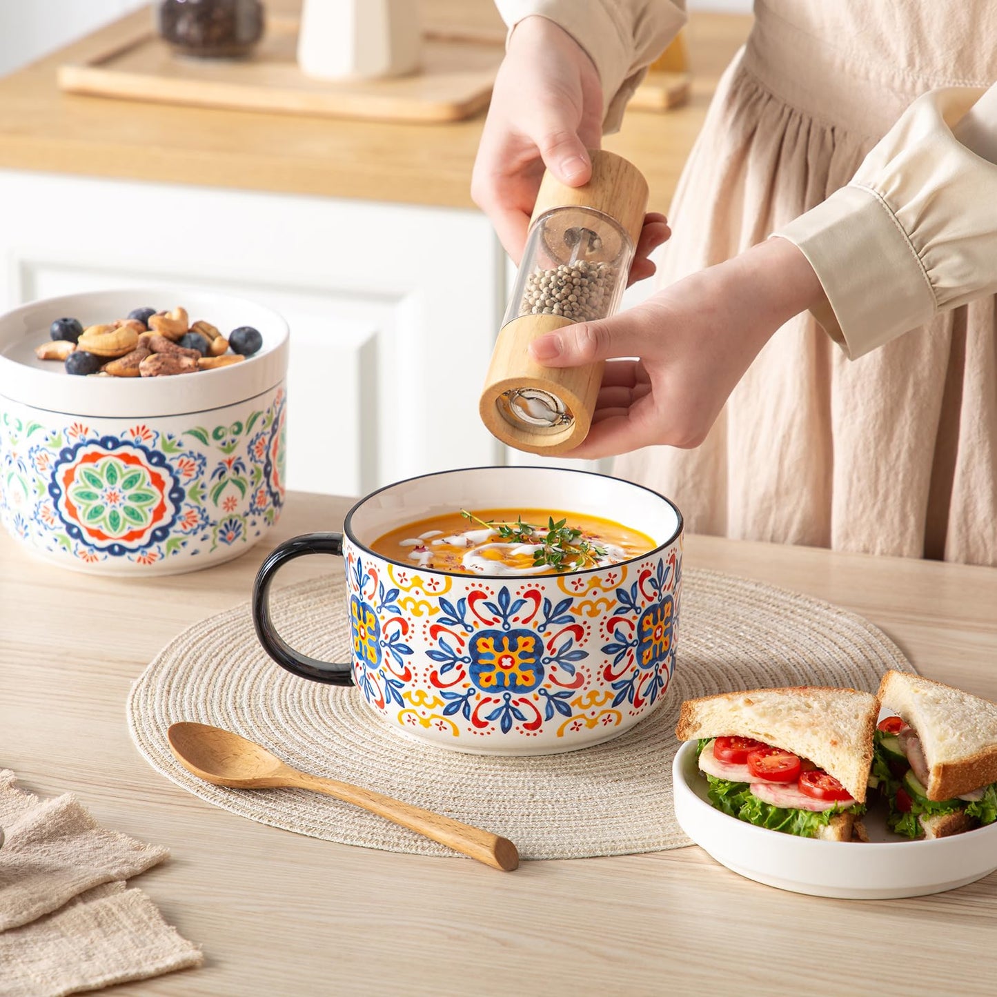 Chubacoo Soup Bowl & Sandwich Plate Combo: 38 oz Ceramic Ramen Bowl Microwave Safe - Extra Large, Big Handle, Ideal for Cereal, Salad, Pasta, Solo Dining, Breakfast, Afternoon Tea - Design C