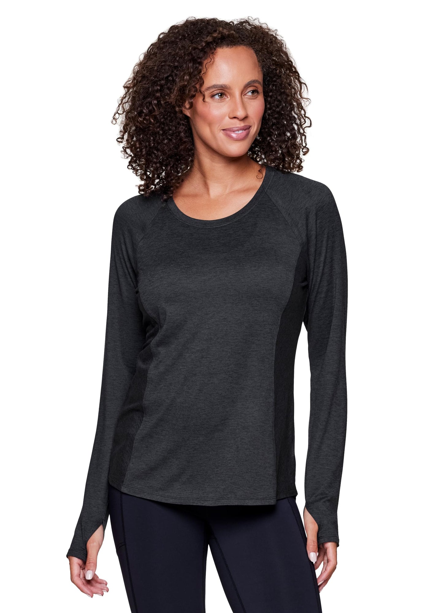 RBX Activewear Long Sleeve Running Top for Women, Lightweight Space Dye Buttery Soft Yoga Tee with Thumbholes Heathered Black S