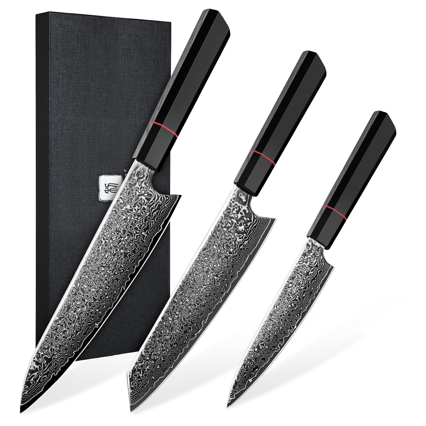 TIVOLI Damascus Knife Set 3PCS, Japanese Kitchen Knife With VG10，Ultra Sharp Cooking Knife Set With Octagonal Handle，Professional Chef Knives Set for Meat Vegetable Fruit, Ideal Gift for Dad，Mom