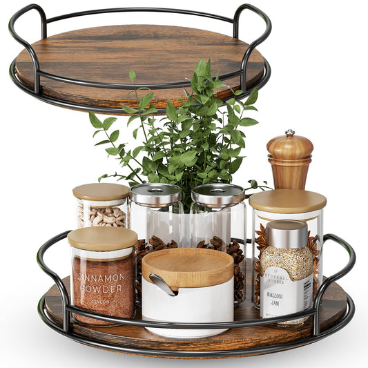 LAMU 2 Pack 9'' 10'' Lazy Susan Turntable Organizer for Table Top Cabinet, Wooden Lazy Susan for Kitchen, Pantry, Countertop, Bathroom Vanity, Spice Organization, Wood Decor