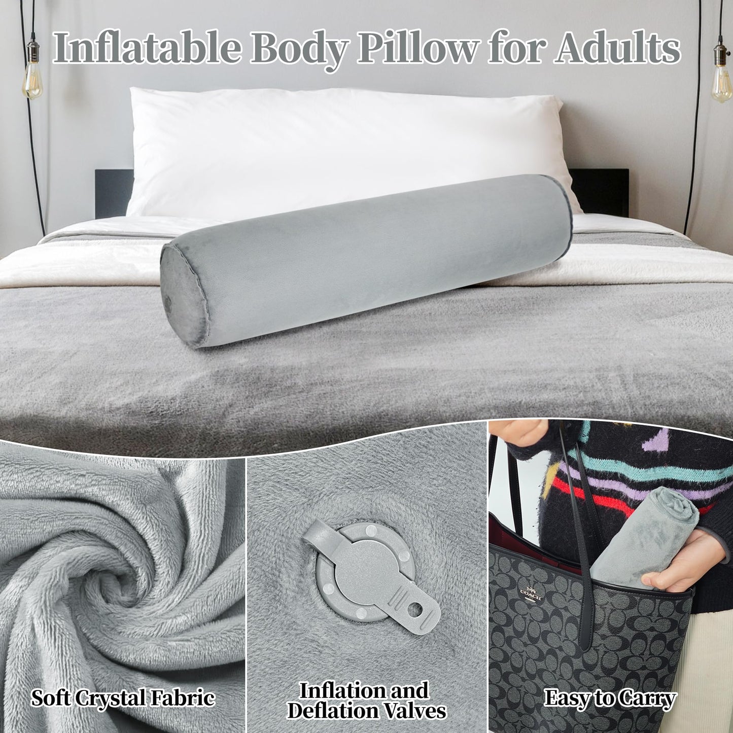 YEEKORO Long Body Pillow for Adults Teenager, Inflatable Full Body Pillow, Multifunctional Side Sleeper Pillows, Round Bolster Pillow for Bed (Grey, 90cm/35.43inch)