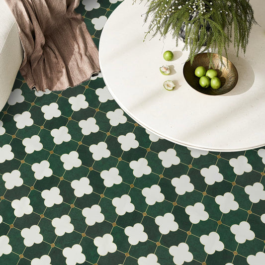 10Pcs Peel and Stick Floor Tile, 12"x12" Self Adhesive Floor Tiles Waterproof, Vintage Green Pattern for Bathroom, Bedrooms,Living Room, Kitchen(10 Sq.ft.)
