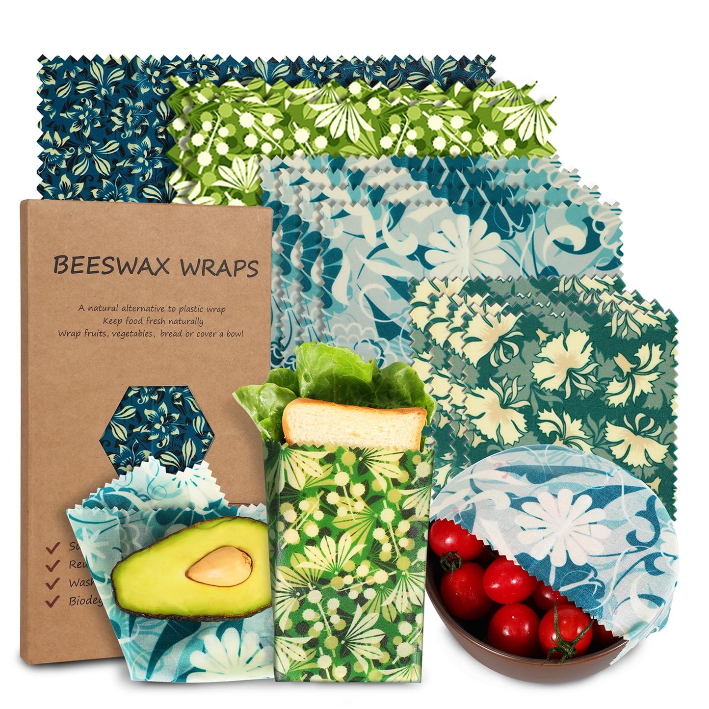 Reusable Beeswax Wrap, 11 Pack Eco-Friendly Beeswax Wraps For Food, Organic, Sustainable, Biodegradable, Zero Waste, Plastic-Free Food Storage, 1L Avocado, 2M Cherry, 4S Strawberry, 4XS Lemon Patterns