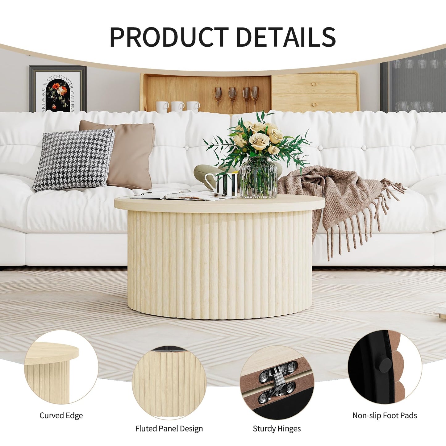 Round Coffee Table with Storage, Wood Modern Fluted Drum Coffee Table with Flip Top, 31.5" Farmhouse Center Table for Living Room, Reception Room, Entertainment Room, Courtyard (1, Oak)