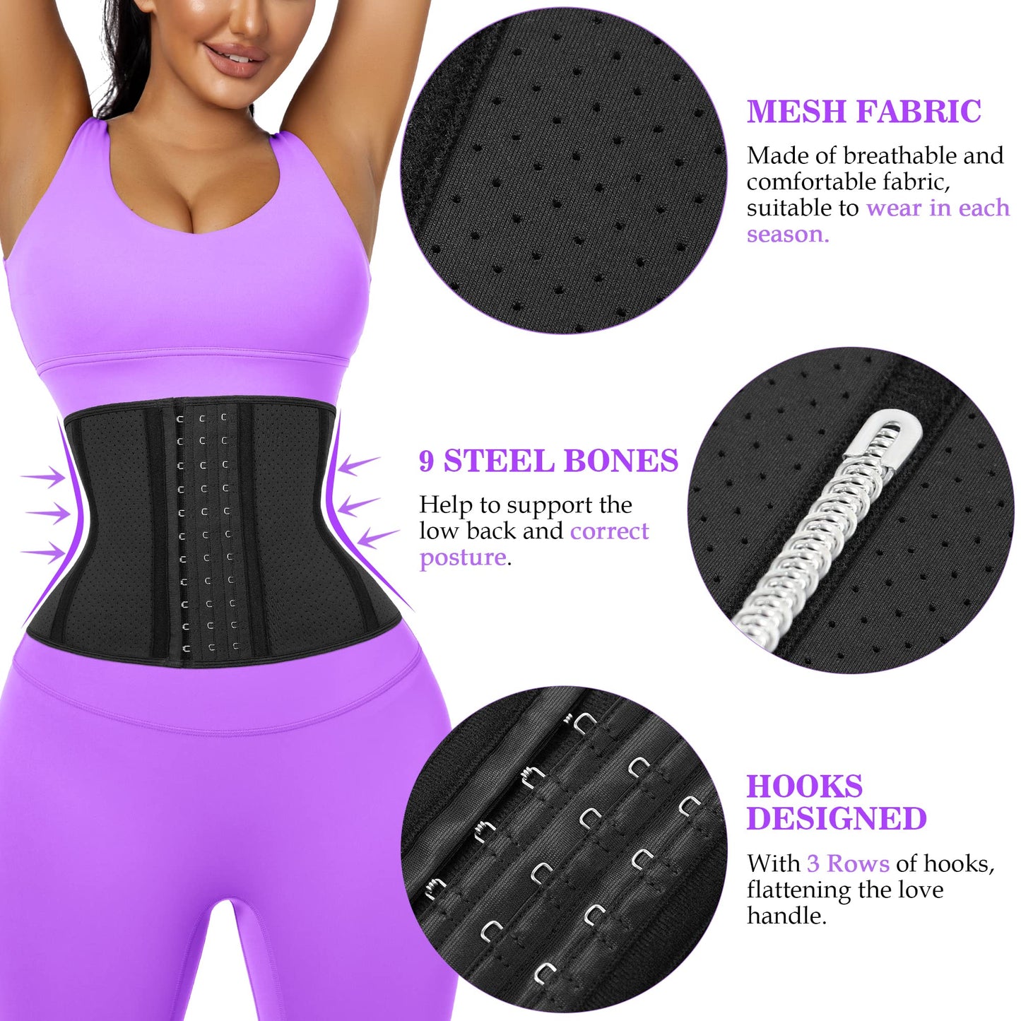 LUXURY-VITA Women Short Torso Waist Trainer Corset Trimmer 9 Steel Boned Tummy Control Body Shaper With Adjustable 3 Rows Of Hooks, Girdle For Women