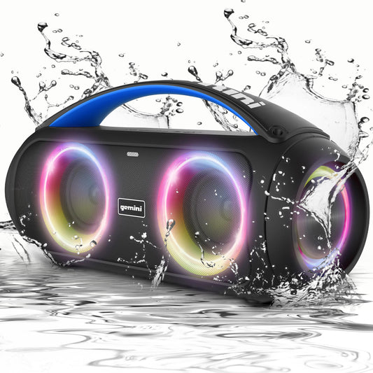 Gemini Portable Bluetooth Boombox Speaker with Deep Bass, LED Party Lights, FM Radio, USB, Mic Input & 7-Hour Battery – Rechargeable Wireless Speaker for Travel, Gym, or Home Use (GGO-230L)