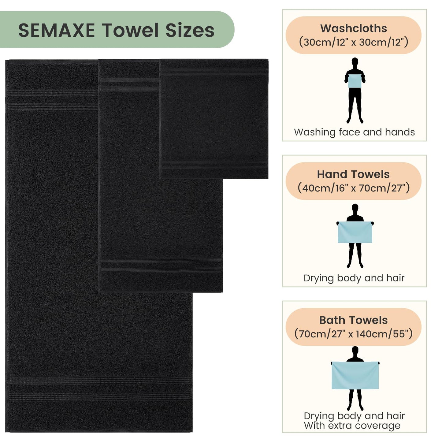 SEMAXE Solid 6-Piece Towel Set, Black, 600GSM 100% Cotton, 2 Each of Bath Towel, Hand Towel, and Washcloths, Gift Box Packaging, Hanging Loop Design