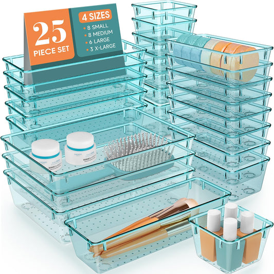 WOWBOX 25 PCS Clear Plastic Drawer Organizer Set, 4 Sizes Desk Drawer Divider Organizers and Storage Bins for Makeup, Jewelry, Gadgets for Kitchen, Bedroom, Bathroom, Office