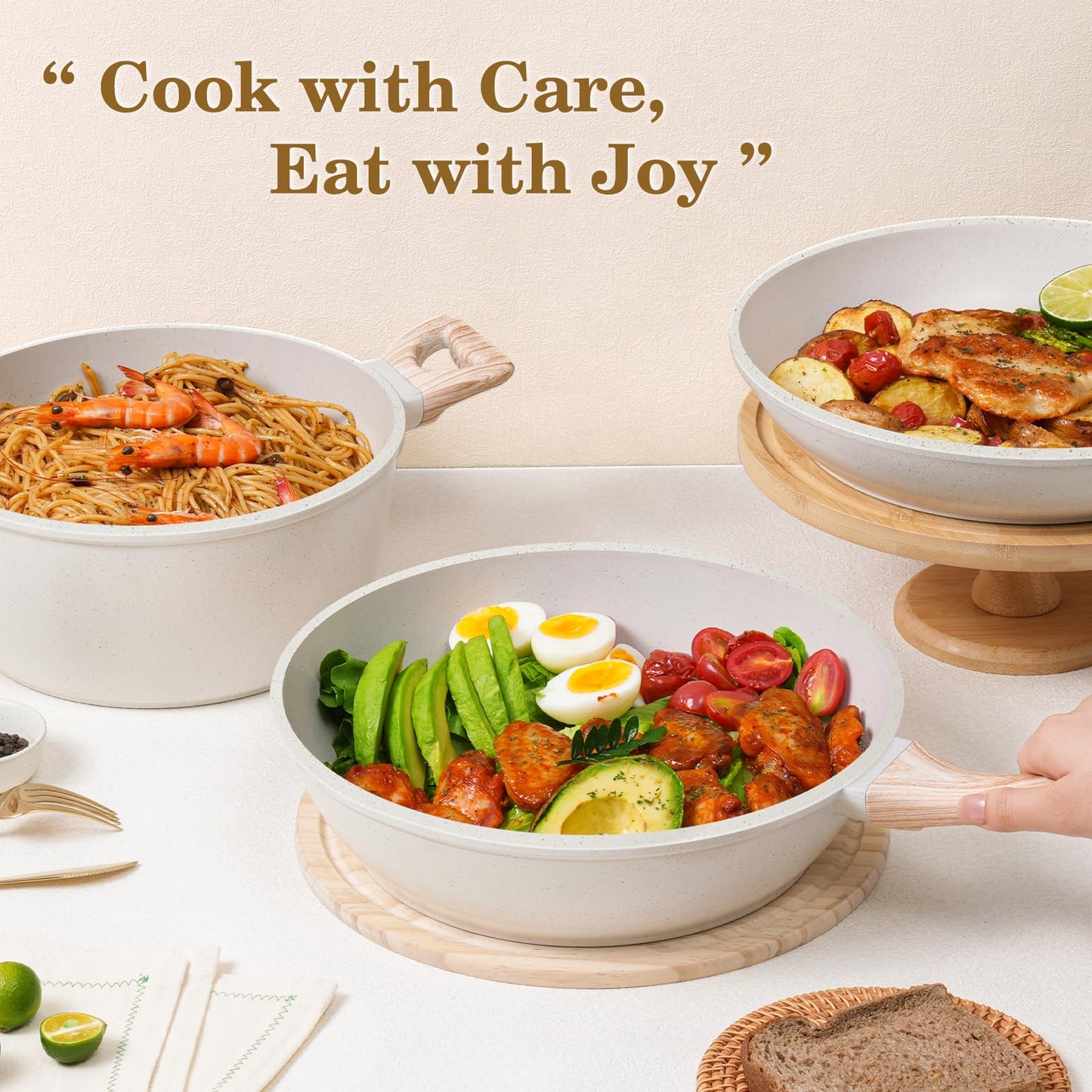 SODAY 12 Pcs Pots and Pans Set Non Stick, Cookware Sets White Granite Induction Cookware, Non-toxic Healthy Nonstick Kitchen Cooking Set with Frying Pans Set, Saucepans (PFAS/PFOA/PFOS Free)