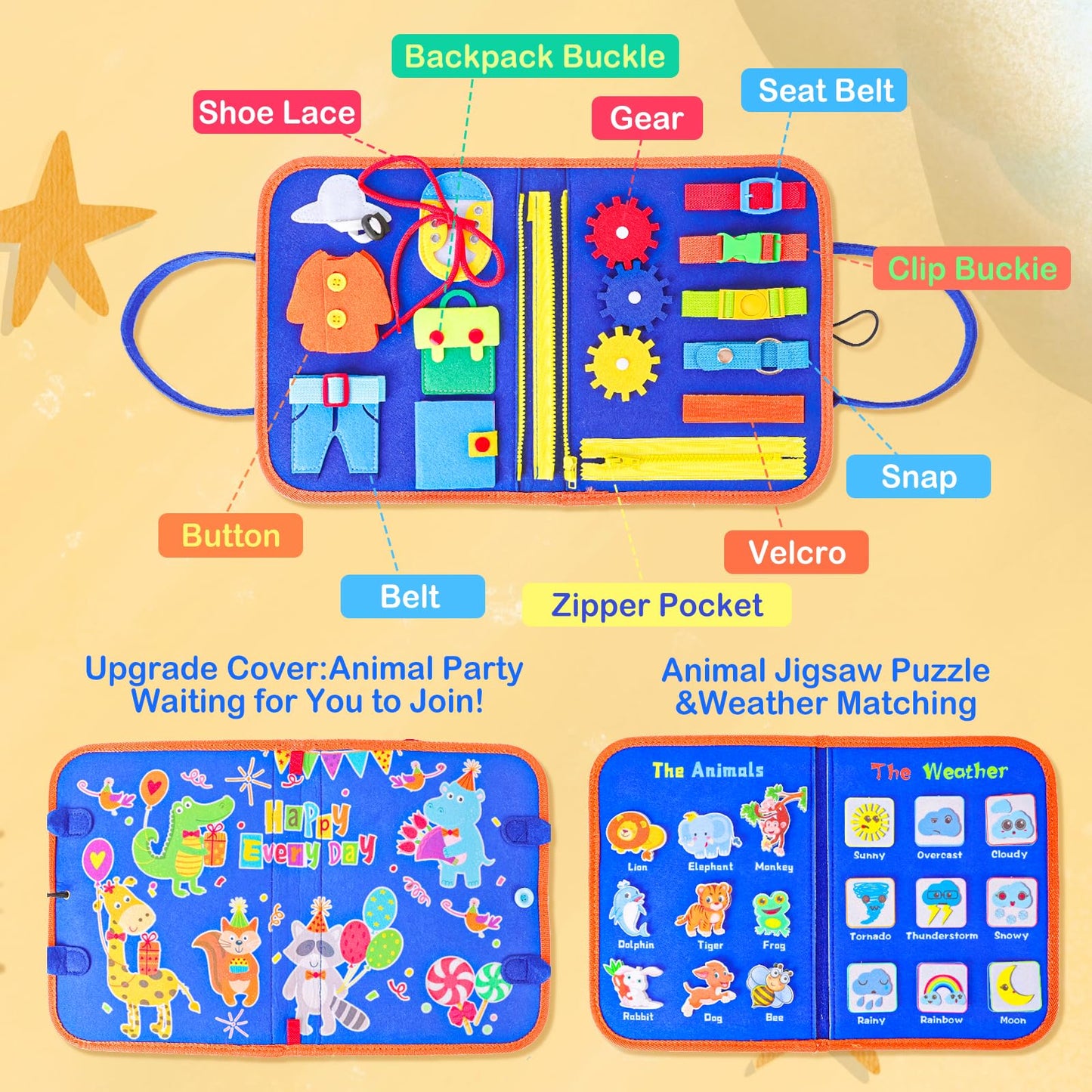 BESNEL Busy Board for Toddlers 2-4, Busy Book for Preschoolers, Educational Activity Sensory Board for Learning Fine Motor Skills, Zipper Board, Gifts for Boys & Girls