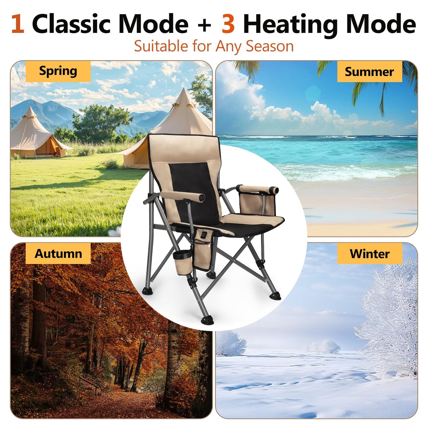 QUYUAN Heated Camping Chair with 20,000 mAh Battery, Fully Padded Heated Camp Chairs, Loog-Lasting for 500 Mins, Heavy Duty Folding Chairs Supports 500 lbs for Camping, Outdoor Sports, Picnics, Beach