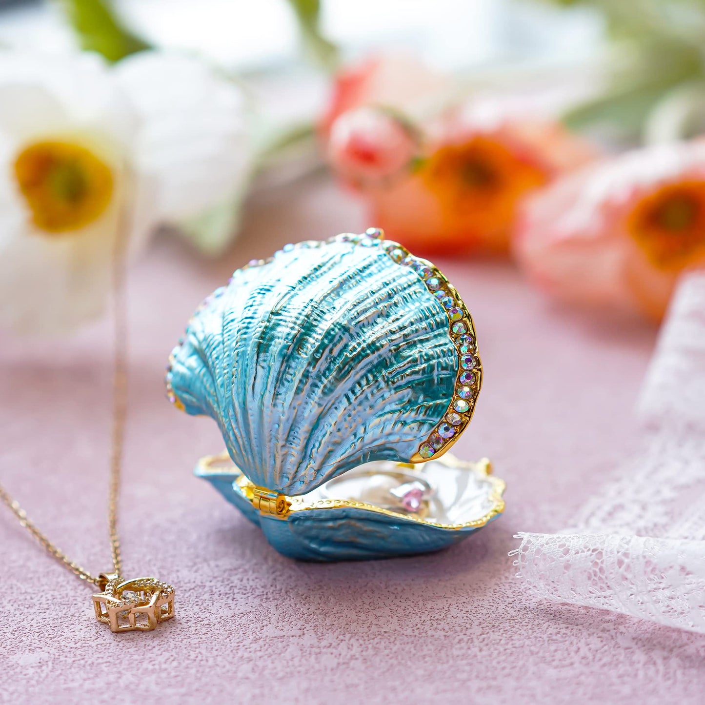 H&D HYALINE & DORA Metal Glass Trinket Box Ring Holder Small Seashell Figurine Collectible Table Centerpiece (pearl mussel)