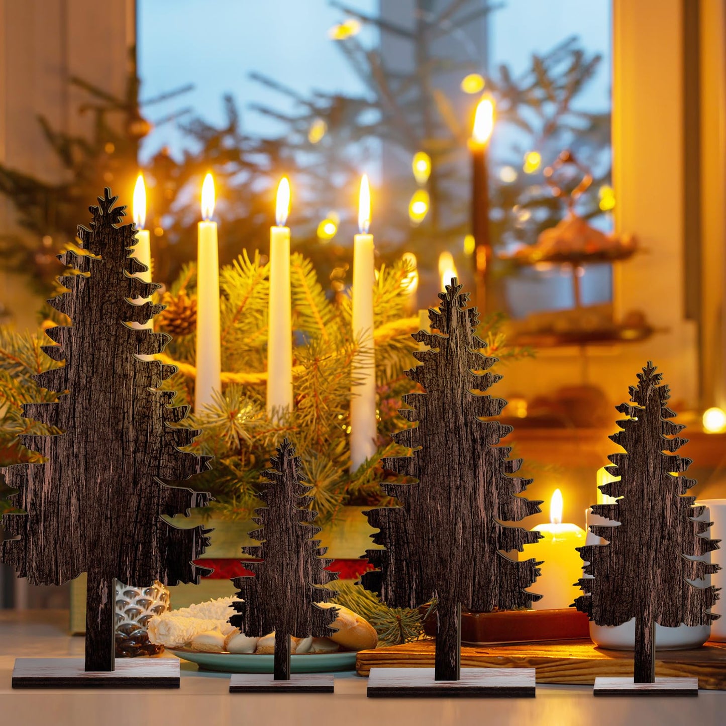 Barydat 4 Pcs Christmas Table Decorations Wooden Pine Trees Reindeer Table Centerpiece Artificial Christmas Decorations Rustic Farmhouse Christmas Decor for Home Table(Christmas Tree)