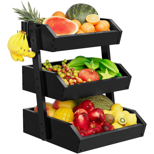 Bamboo 3 Tier Fruit Basket For Counter With Two Banana Hook, Fruit And Vegetables Basket, Large Capacity Wood Fruit Bowls, Fruit Organizer For Kitchen Counter, Onion Storage, Bread Pantry (Black)