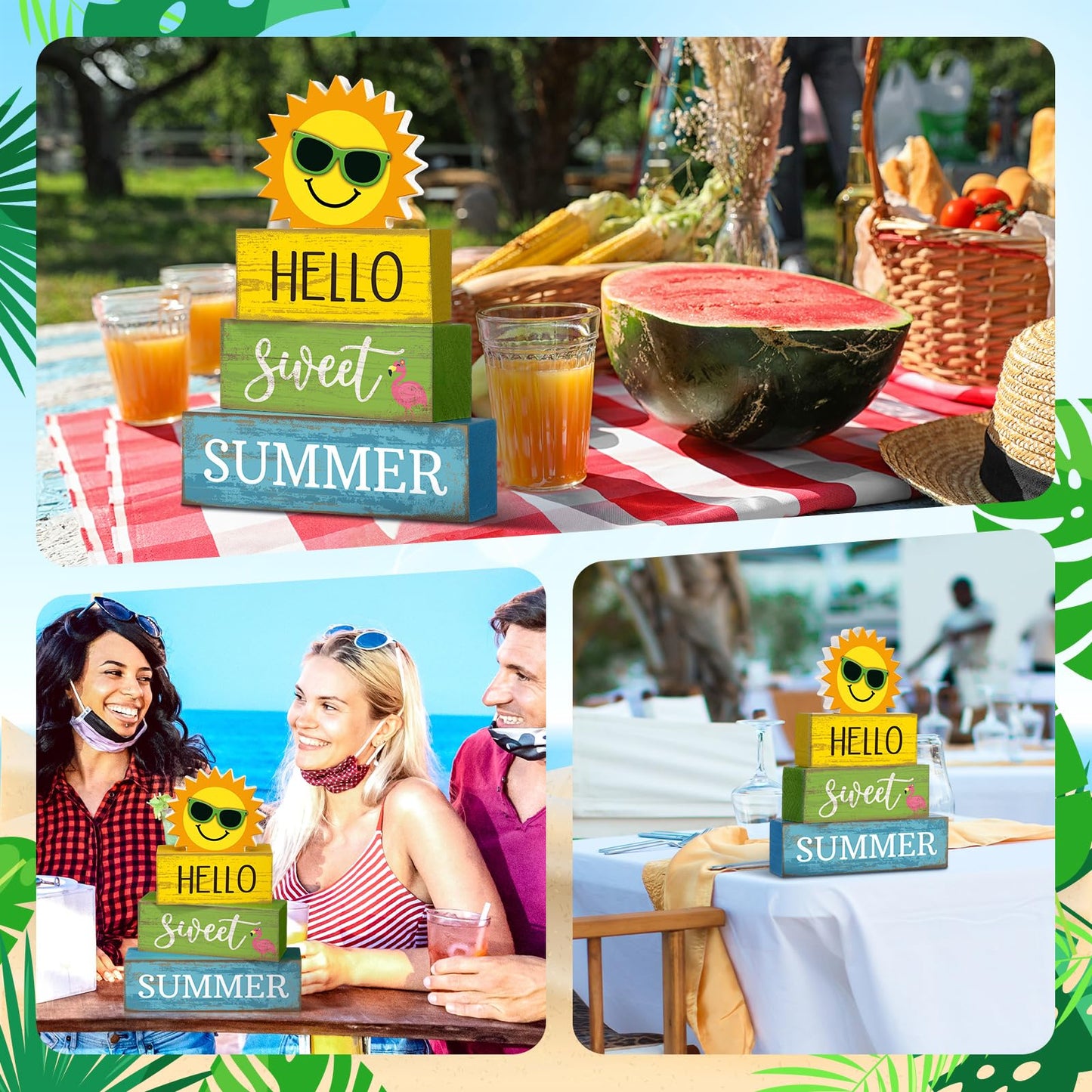 Yuntau 4 Pcs Summer Wooden Tabletop Decor Hello Sweet Summer Tiered Tray Decor Sunshine Centerpiece Rustic Summertime Decorative Block Signs Gift Farmhouse Table Decoration for Home Kitchen