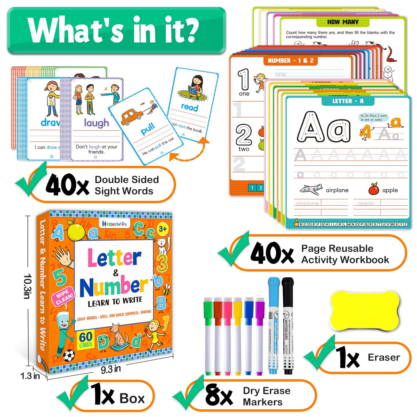 HOQEEWIPE Preschool Learning Activities - 60 Reusable Cards, Pre-K Kindergarten Workbook, Autism Supplies Montessori Educational Game, Sight Words & Handwriting Practice Book for Kids Ages 3 4 5 6